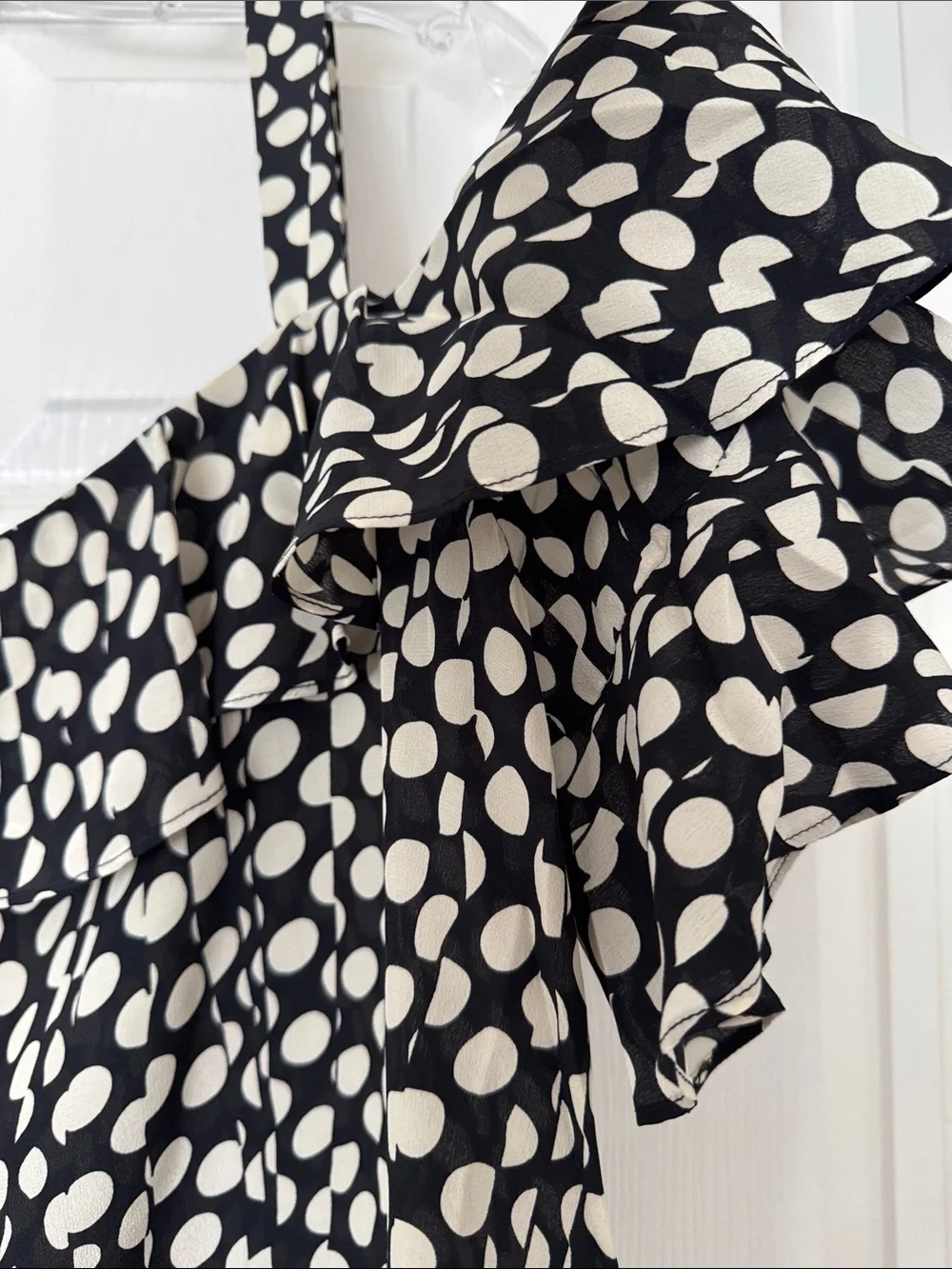 J. Crew Black and White Silk Polka Dot Ruffle Cold-Shoulder Blouse
